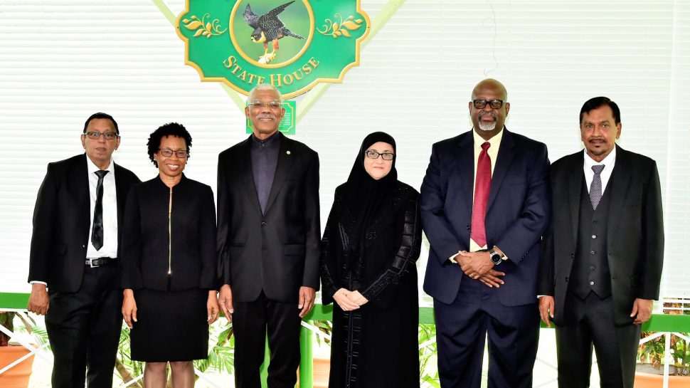 President David Granger (third from left) with the five new Senior Counsel at State House yesterday. From left are  Rajendra Nath Poonai,  Carole James-Boston,  Shalimar Ali-Hack,  Stephen Fraser and Robert Ramcharran. (Ministry of the Presidency photo)
