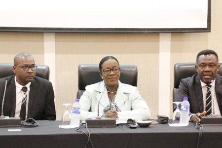 from left: Guyana Football Federation President, Wayne Forde, Minister of Education, Dr. Nicolette Henry and FIFA Member Association and Development Director,  Veron Mosgengo-Omba.