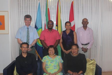 In observance of World Press Freedom Day today, Canadian High Commissioner to Guyana Lilian Chatterjee (seated at centre) hosted a dinner at her residence yesterday. Standing from left are British High Commissioner to Guyana, Greg Quinn; Leeron Brumell of NCN; Carleen Langford of the Canadian High Commission and Denis Chabrol of Demerara Waves. Seated at right is Julia Johnson and at left is Stabroek News Editor-in-Chief Anand Persaud.