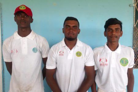 (l-r) Man of the match, Junior Sinclair (50, 50 not out and 3-12), Alex Algoo (22 and 52) and Nigel Deodat (48 and 4-45) ensured Berbice defeat Essequibo by 146 runs in the second round of the Hand-In-Hand Inter-County Under-19 Three-day tournament which ended yesterday.
