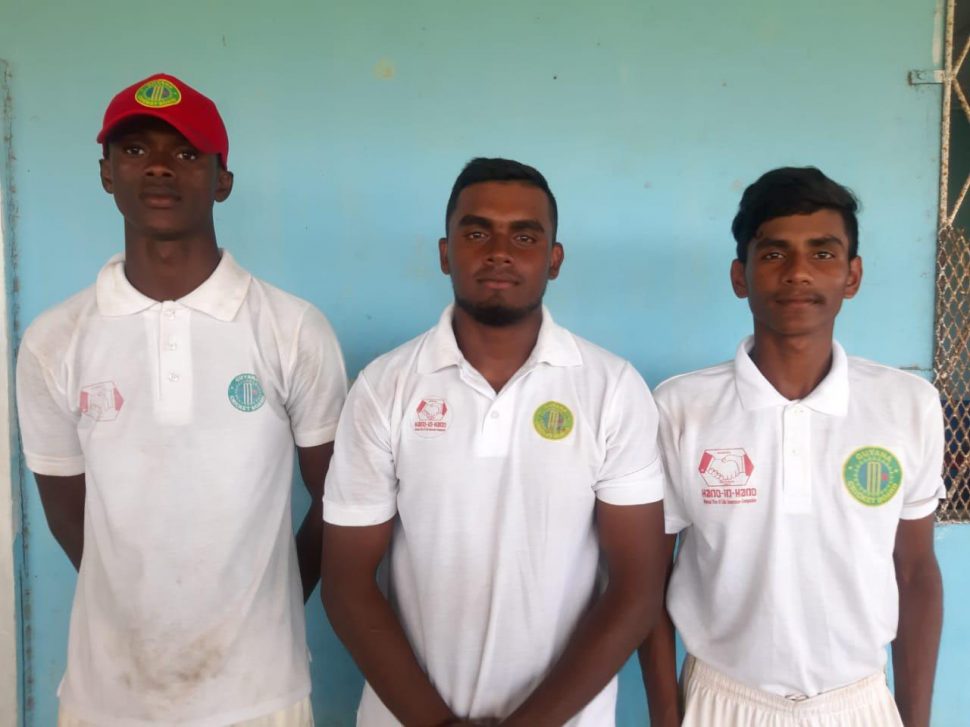 (l-r) Man of the match, Junior Sinclair (50, 50 not out and 3-12), Alex Algoo (22 and 52) and Nigel Deodat (48 and 4-45) ensured Berbice defeat Essequibo by 146 runs in the second round of the Hand-In-Hand Inter-County Under-19 Three-day tournament which ended yesterday.

