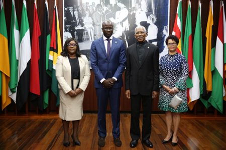 President David Granger is second from right with, from left, Minister of Foreign Affairs, Dr. Karen Cummings; Ambassador of the Republic of Suriname, Ebu Jones;  Director-General of the Foreign Affairs Ministry, Audrey Jardine-Waddell. (Department of Public Information photo)
