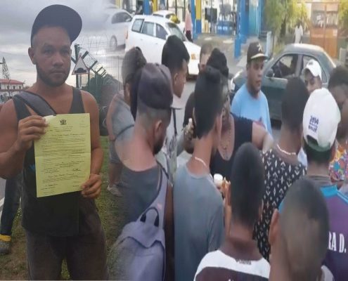 In this composite photo, a Venezuelan man shows the documentation given to him by Immigration officials allowing him to stay until the end of July while Venezuelans line up for doubles in Siparia.