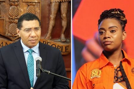 Prime Minister Andrew Holness and People's National Party Youth Organisation (PNPYO) President, Krystal Tomlinson.