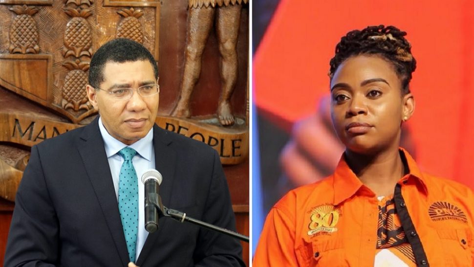 Prime Minister Andrew Holness and People’s National Party Youth Organisation (PNPYO) President, Krystal Tomlinson.