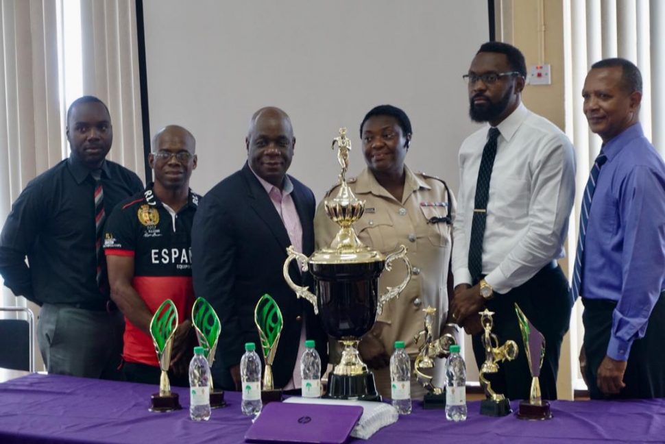 From left, Esan Griffith, Linden Jones, David Thomas Sheryl Hermonstine, Christopher Jones and Aubrey Hutson at yesterday’s launch of the Independence Track and Field Classic.
