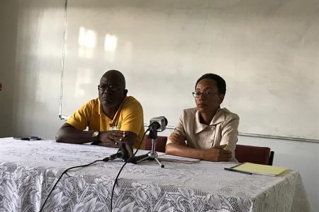 Bruce Haynes, President of the UGWU and Dr Jewel Thomas, President of the UGSSA at the press conference yesterday afternoon.