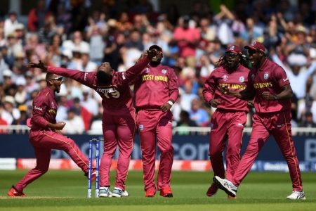 West Indies celebrating a wicket