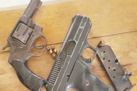 The two unlicensed handguns that were found at the house.
