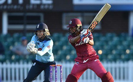 Chedean Nation cuts during her unbeaten 42 against England Women at Grace Road on Thursday. (Photo courtesy CWI Media) 