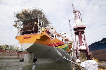 The “Liza Destiny,” the first of a number of Floating, Production, Storage and Offloading (FPSO) vessels that will be deployed in Guyana’s waters by ExxonMobil, was commissioned in Singapore yesterday by First Lady Sandra Granger. (Esso Exploration and Production Guyana Limited photo)