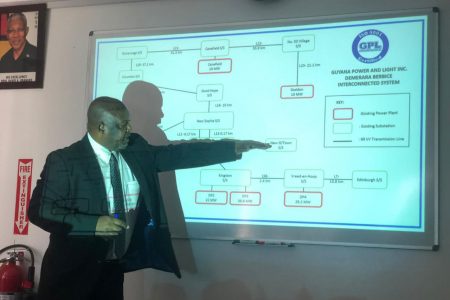 GPL CEO Albert Gordon explaining the configuration of the country’s grid 