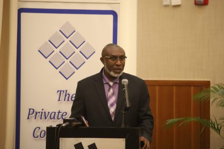 Outgoing PSC Chairman Desmond Sears addressing the organisation’s Annual General Meeting yesterday (Terrence Thompson photo)