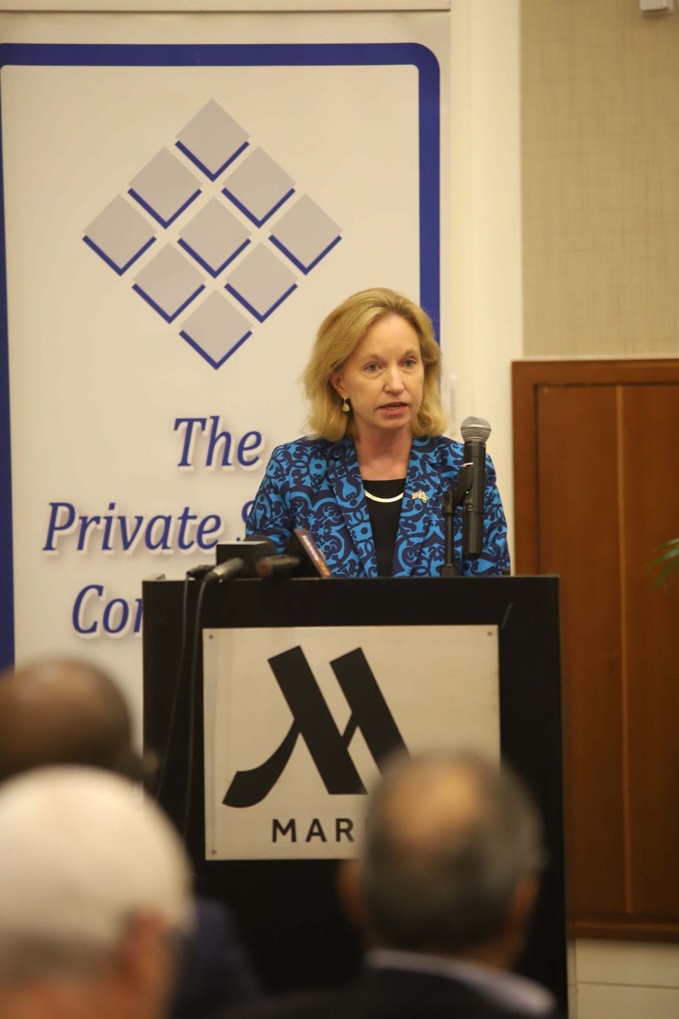 United States Ambassador Sarah-Ann Lynch addressing the Private Sector Commission’s Annual General Meeting, held yesterday at the Marriott Hotel.