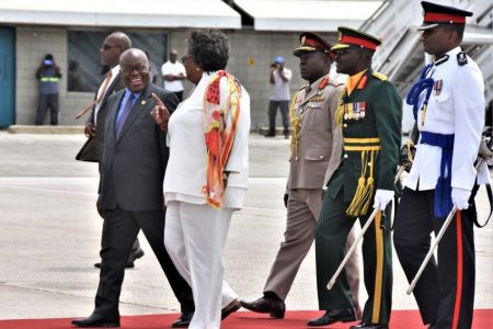 Barbados Prime Minister Mia Amor Mottley and Ghana’s President, Nana Akufo-Addo, chatting on the red carpet this morning following his arrival at the Grantley Adams International Airport. The President is on the final leg of his Caribbean tour. 