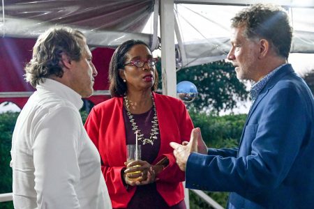 From left to right are Raphael Grisoni, Managing Director of Mount Gay Distilleries in discussion with Sandra Husbands, Minister in the Ministry of Foreign Trade and Vaughn Renwick, Chief Executive Officer of the West Indies Rum & Spirits Producers’ Association (WIRSPA) at this week’s meeting. (WIRSPA photo)