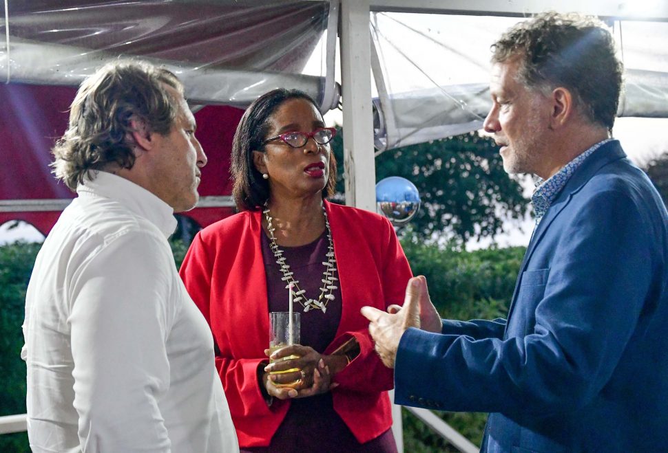 From left to right are Raphael Grisoni, Managing Director of Mount Gay Distilleries in discussion with Sandra Husbands, Minister in the Ministry of Foreign Trade and Vaughn Renwick, Chief Executive Officer of the West Indies Rum & Spirits Producers’ Association (WIRSPA) at this week’s meeting. (WIRSPA photo)

