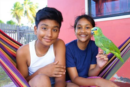 Savitri Looknauth’s grandchildren Ryan Kishunchand, a student of Annandale Secondary, and his sister Aneisa with their pet parrot Bobo
