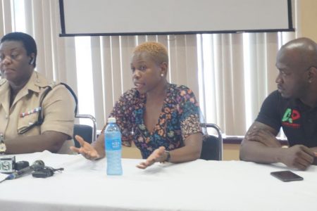 Aliann Pompey makes a point during the press briefing of the fourth edition of the API yesterday at the National Resource Centre. 