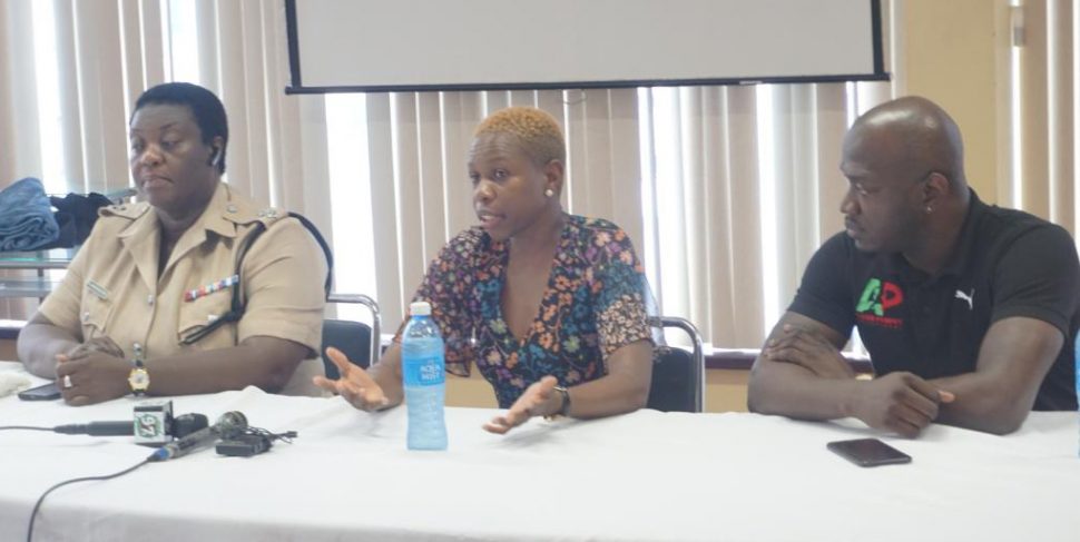 Aliann Pompey makes a point during the press briefing of the fourth edition of the API yesterday at the National Resource Centre. 