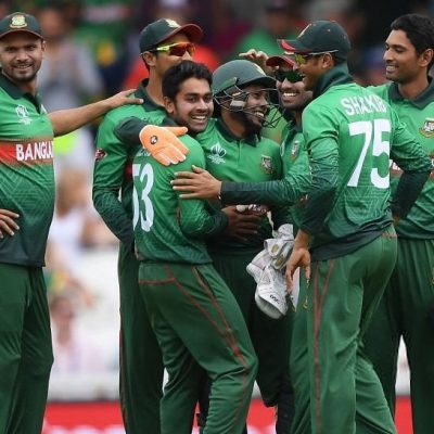 Some members of the Bangladesh cricket team celebrate their upset win over South Africa in the 2019 World Cup competition yesterday.
