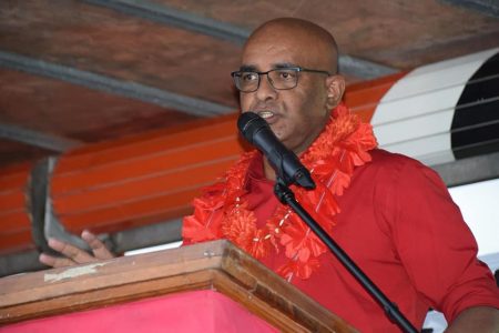 General Secretary Bharrat Jagdeo speaking at Robert Square, Enmore, East Coast Demerara, where a meeting was held to honour the lives of the Enmore Martyrs. (PPP/C Facebook Page)