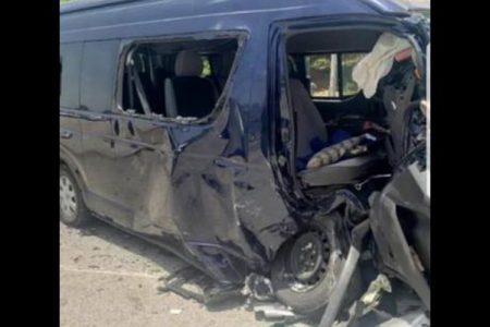 The Toyota Hiace minibus that was involved in yesterday’s deadly crash in Hanover. The bus driver, Everton ‘Wanga’ Riley, and the driver of the car that crashed into it, Kevaughn Sutherland, both died.