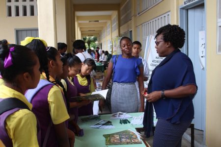 Diamond Secondary School hosted its first ever Career Day and invited several other schools to visit, having been in existence for more than a decade, the Department of Public Information (DPI) reported yesterday. The  event saw several agencies present including the University of Guyana’s Faculty of Agriculture and Forestry, Cacique Accounting College, National Accreditation Council, Guyana Civil Aviation Authority, Qualfon, Grove Health Centre, Ministry of Social Protection and the Ministry of the Presidency. This DPI photo shows some of the children at the event.
