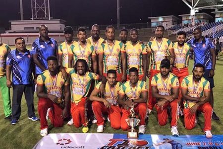 T10 Champs! The winning Guyana team after Sunday’s win over North Tobago.

