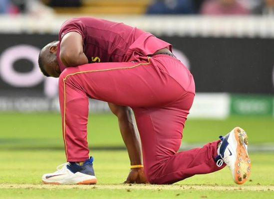Andre Russell’s posture perfectly symbolizes the West Indies position in the current World Cup where they have only one win to show and are in danger of not qualifying for the semi-finals.

