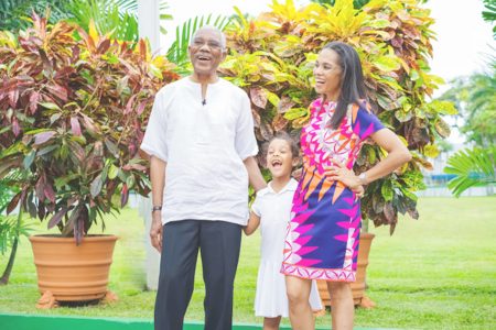President David Granger yesterday celebrated Father’s Day at State House with his daughter Han and granddaughter Farra. (Ministry of the Presidency photo)
