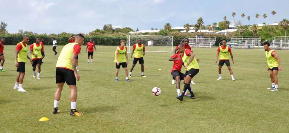 Members of the Golden Jaguars unit going through their paces at the Bermuda National Training Centre ahead of their international friendly with the host nation.
