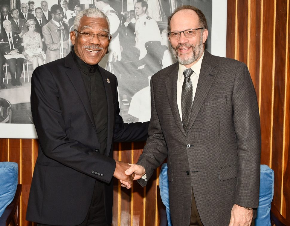 President David Granger (left) with Secretary-General of CARICOM, Irwin LaRoque (Ministry of the Presidency photo)
