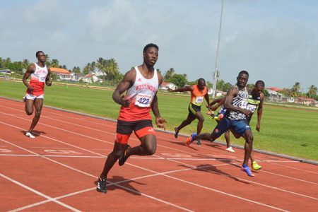 Emmanuel Archibald, who attends the University of the West Indies’ Mona Campus in Jamaica ran away with the men’s 100m title. Archibald, whose pet event is the long jump, ran an impressive 10.26 seconds ahead of Winston George (10.36) and Rupert Perry (10.45) of the Guyana Defence Force (GDF). (Calvin Chapman photo)