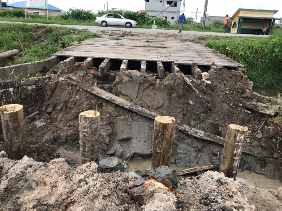  The Ministry of Public Infrastructure has commenced reconstruction of a bridge at Mocha/Arcadia, East Bank Demerara. The previous wooden structure bridge is being replaced by a concrete bridge. During a community outreach in November of 2017, then Junior Minister of Public Infrastructure Annette Ferguson had promised the residents to replace the wooden bridge. Residents had highlighted that the bridge was deteriorating.  Stabroek News understands that the bridge was closed off from public use by the Neighbourhood Democratic Council a few weeks ago due to its deteriorating state. (David Papannah photo)