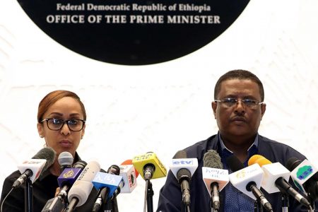 Nigusu Tilahun, Press Secretary at the office of the Ethiopian Prime Minister, and his deputy Billene Seyoum address a news conference on the attempted coup in Addis Ababa, Ethiopia June 23, 2019. REUTERS/Tiksa Negeri