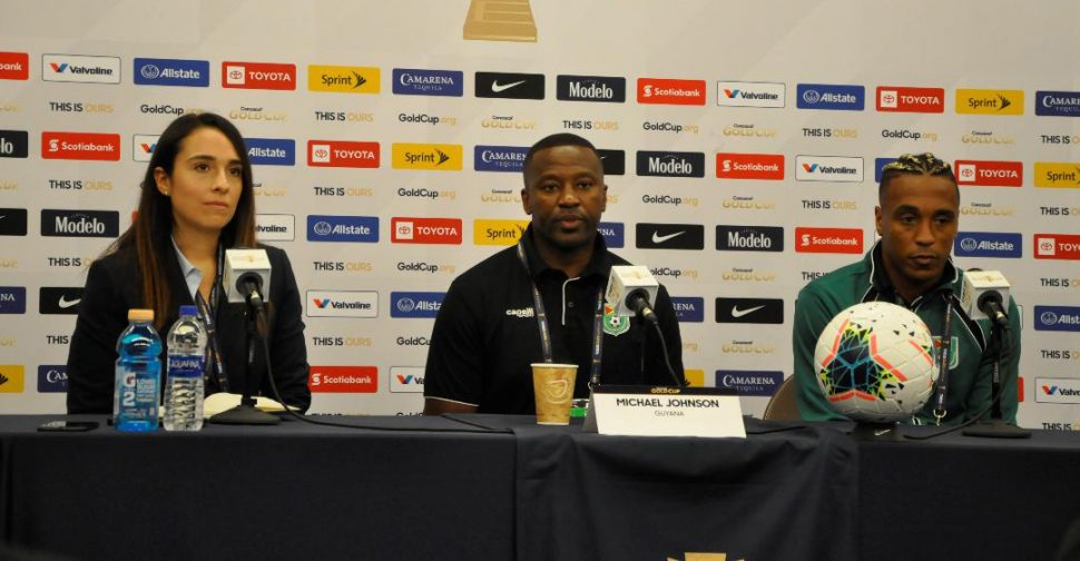  Guyana’s coach Michael Johnson and captain for today’s game Neil Danns at yesterday’s press conference.
