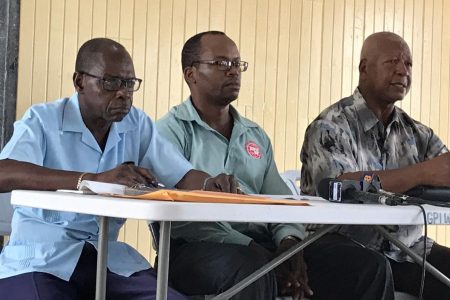 From left: David Wallace, Executive Member of GTC/GTT Pension Association; President of the GPTWU, Harold Shepherd and Executive Member of the GPTWU, Lennox Skeete at the press conference yesterday.
