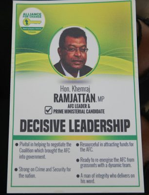 One of the fliers distributed at the AFC's NEC to mobilise support for Khemraj Ramjattan's bid to be the coalition's prime ministerial candidate 