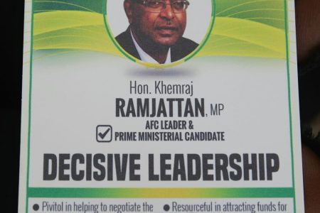 One of the fliers distributed at the AFC's NEC to mobilise support for Khemraj Ramjattan's bid to be the coalition's prime ministerial candidate 