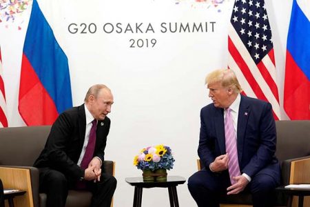 Russia’s President Vladimir Putin (left) and U.S. President Donald Trump talk during a bilateral meeting at the G20 leaders summit in Osaka, Japan, June 28, 2019. REUTERS/Kevin Lamarque
