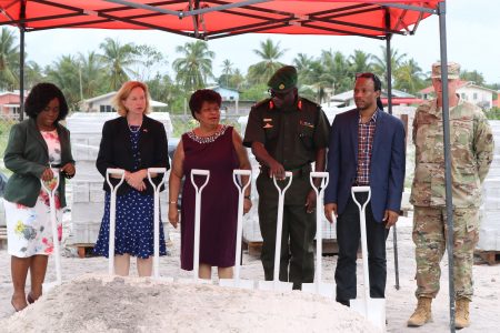 (From left) Mayor of Linden, Waneka Arrindell; United States Ambassador, Sarah-Ann Lynch; Minister of Social Protection,  Amna Ally; Chief of Staff; GDF, Brigadier Patrick West; Member of Parliament,  Jermaine Figueira and a representative of the US Army. (Ministry of Social Protection photo)