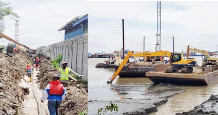 Laying of the cable at Princes Street, Georgetown and across the Demerara River (GPL composite photo)