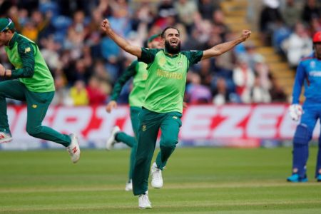 South Africa’s Imran Tahir celebrates one of his four wickets yesterday. (Reuters photo)