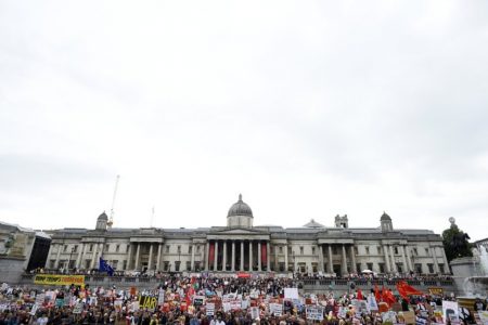 Demonstrators take part in an anti-Trump protest in Trafalgar Square, London, Britain, June 4, 2019. REUTERS/Clodagh KilcoyneReuters
