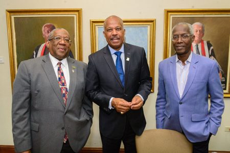 Professor Sir Hilary Beckles (centre), Vice-Chancellor of The UWI, flanked by Pro Vice-Chancellor and Campus Principal of The UWI, Mona, Professor Dale Webber (left) and University Registrar,  C. William Iton at the Media Conference to announce The UWI Five Islands Campus.