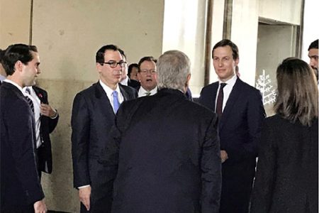 White House senior adviser Jared Kushner and Treasury Secretary Steven Mnuchin arrive at Manama’s Four Seasons hotel, the venue for the U.S.-hosted “Peace to Prosperity” conference, in Manama, Bahrain, June 25, 2019. REUTERS/Matt Spetalnick