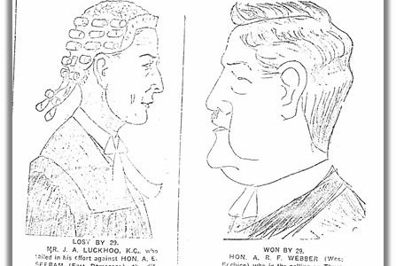  A political cartoon in the Daily Chronicle highlighting the fates of politicians JA Luckhoo and ARF Webber at the 1926 general elections
