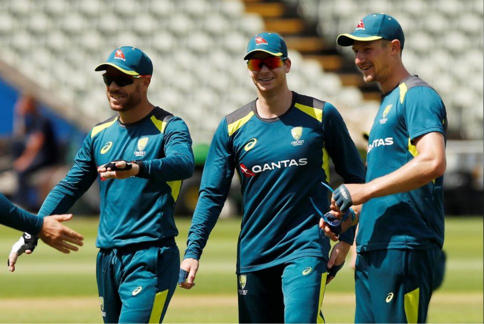 Australia’s David Warner, Steve Smith and Cameron Bancroft during nets at Edgbaston, Birmingham, UK yesterday. (Action Images via Reuters/Andrew Boyers)
