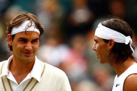 Switzerland’s Roger Federer and Spain’s Rafael Nadal at Wimbledon in 2008. (Reuters photo)